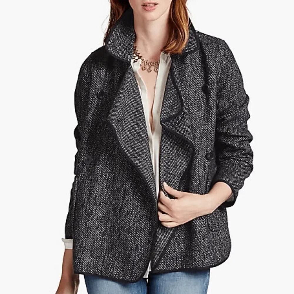 Lucky Brand Womens Coat Drape Front Wool Size Medium Black‎ Grey Jacket Button